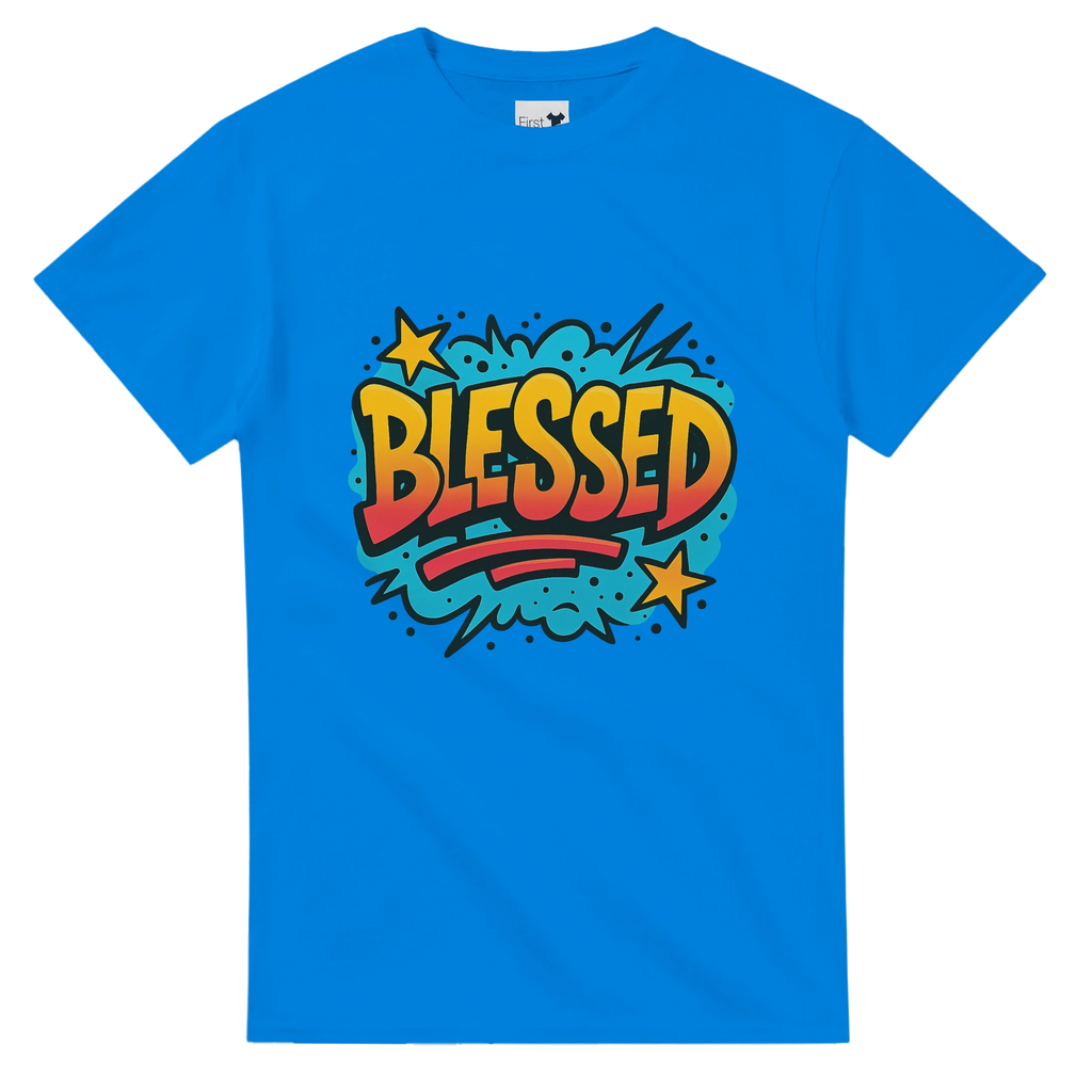 Blue t-shirt with 'BLESSED' graphic design on a white background