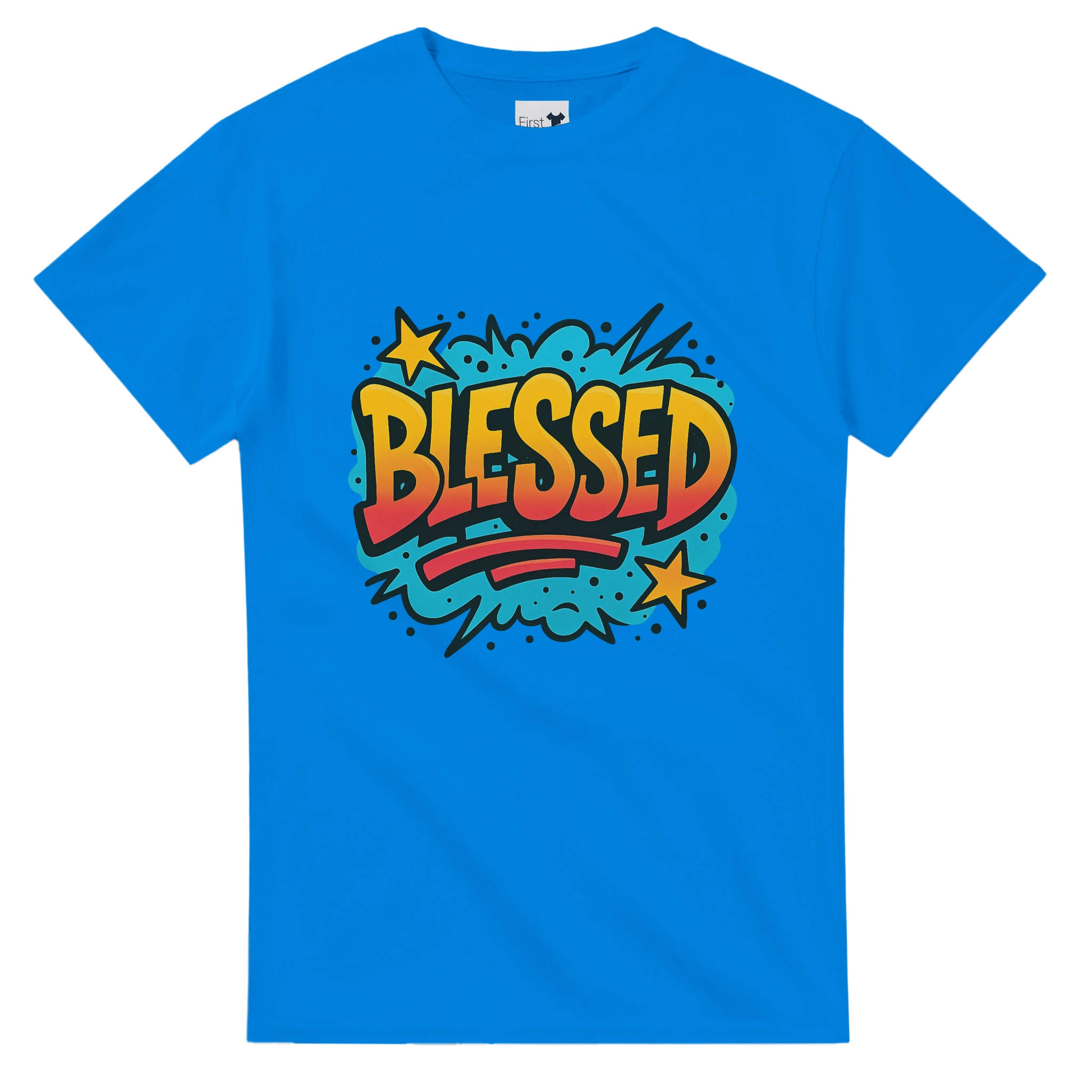 Blue t-shirt with 'BLESSED' graphic design on a white background