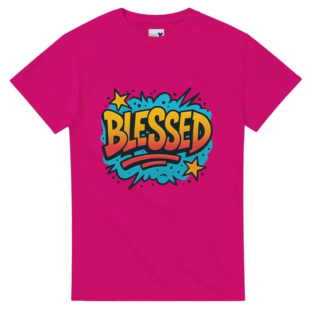 Pink t-shirt with 'Blessed' graphic design on a white background