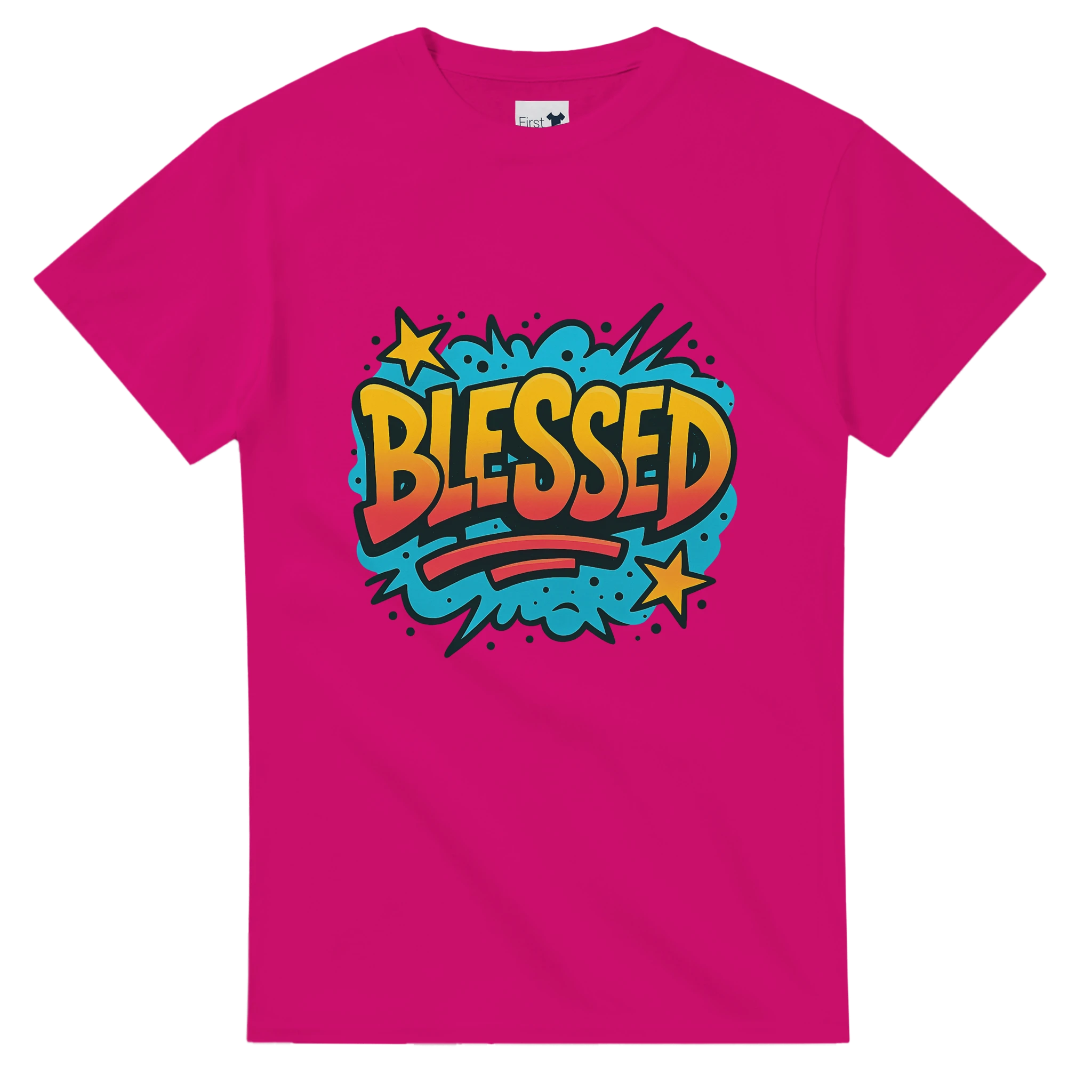 Pink t-shirt with 'Blessed' graphic design on a white background
