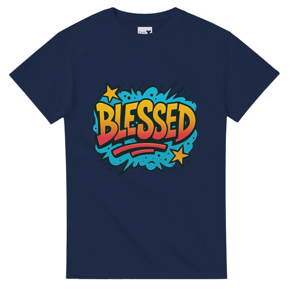 Navy blue t-shirt with 'BLESSED' graphic design on a white background