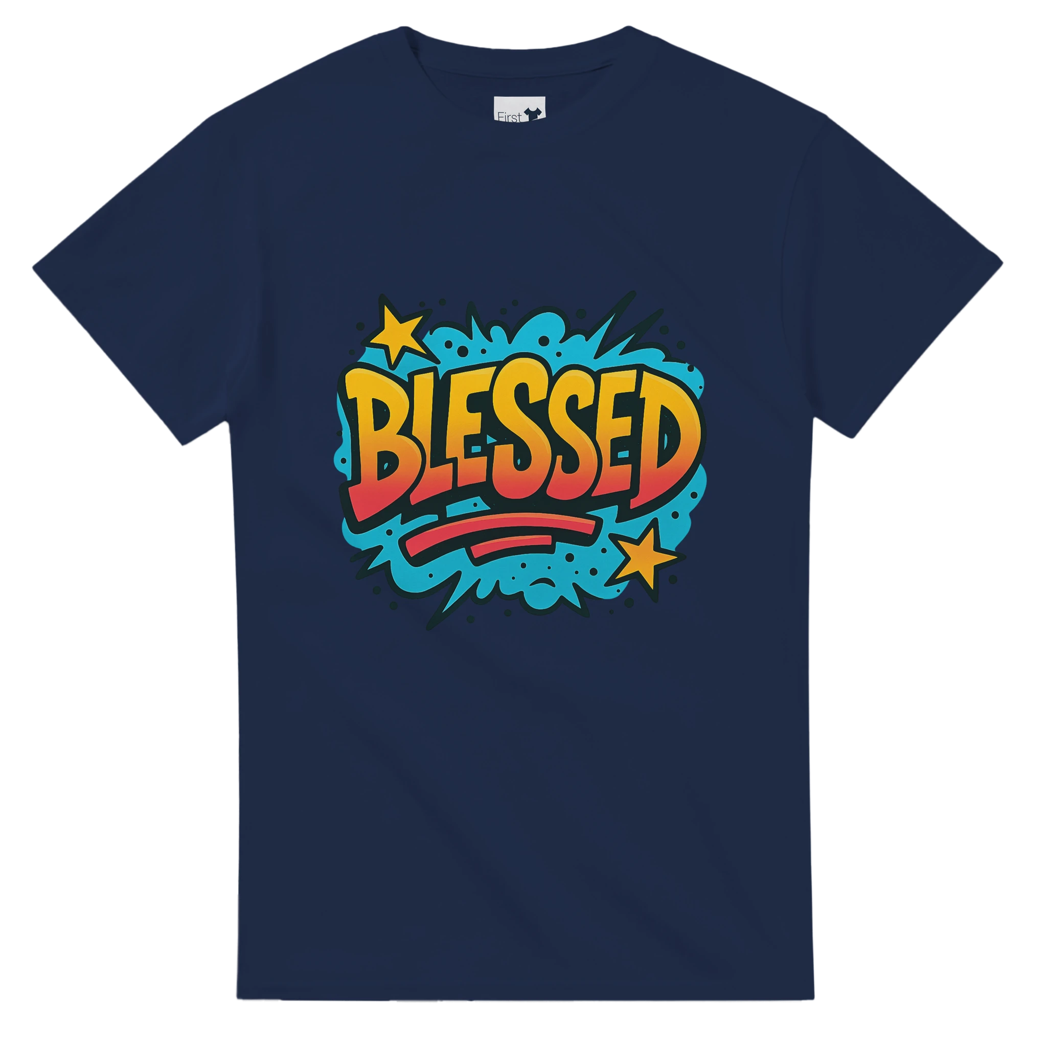 Navy blue t-shirt with 'BLESSED' graphic design on a white background