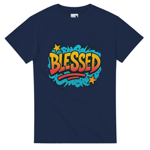 Navy blue t-shirt with 'BLESSED' graphic design on a white background