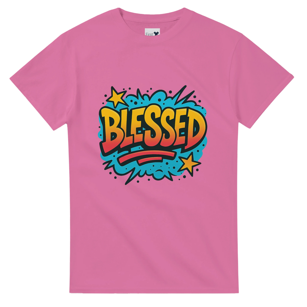 Pink t-shirt with 'BLESSED' graphic design on a white background