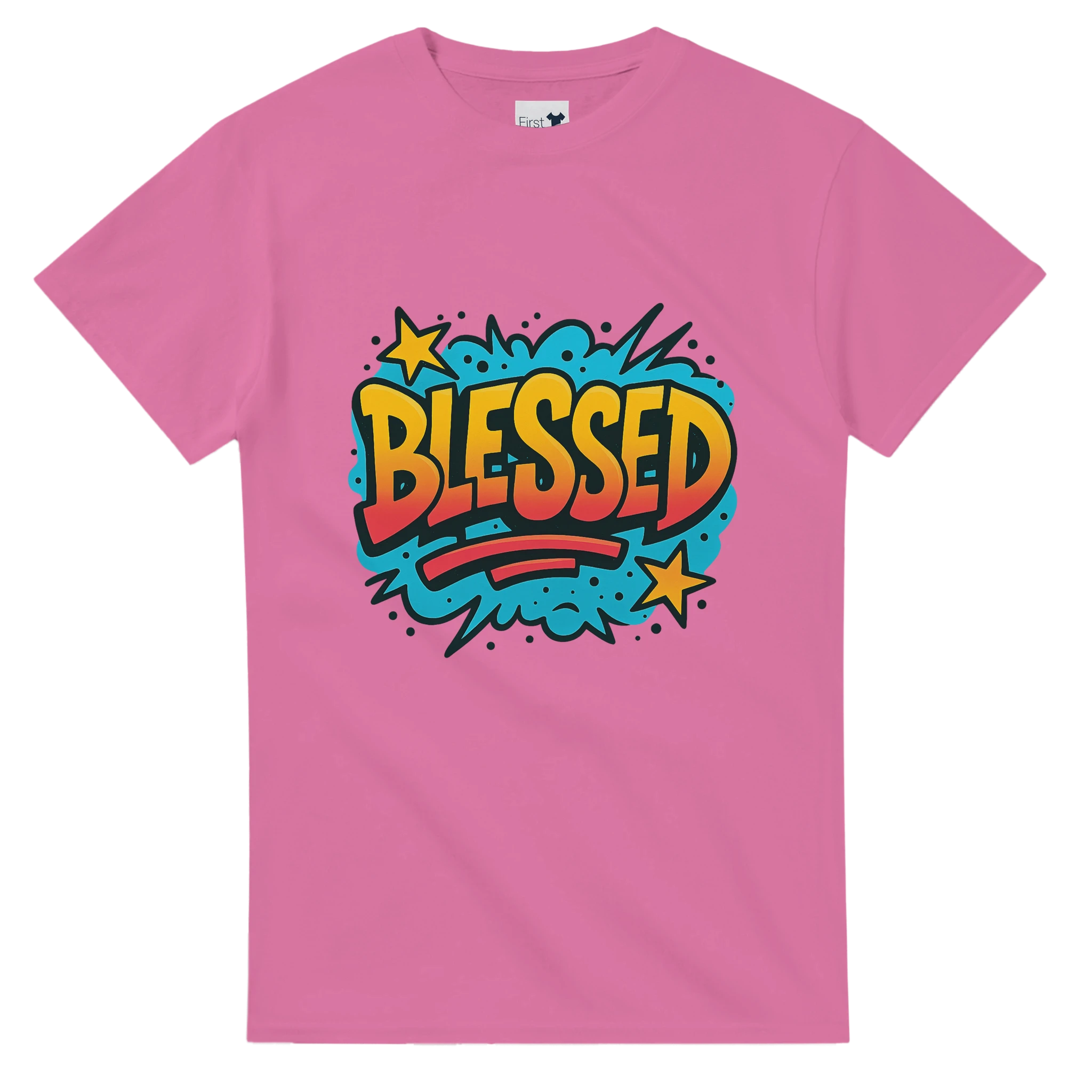 Pink t-shirt with 'BLESSED' graphic design on a white background