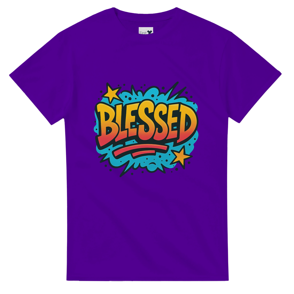 Purple t-shirt with 'BLESSED' graphic design on a white background