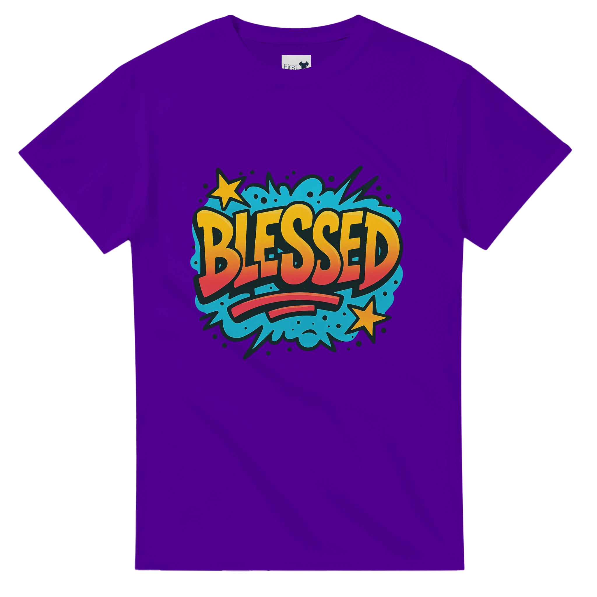 Purple t-shirt with 'BLESSED' graphic design on a white background