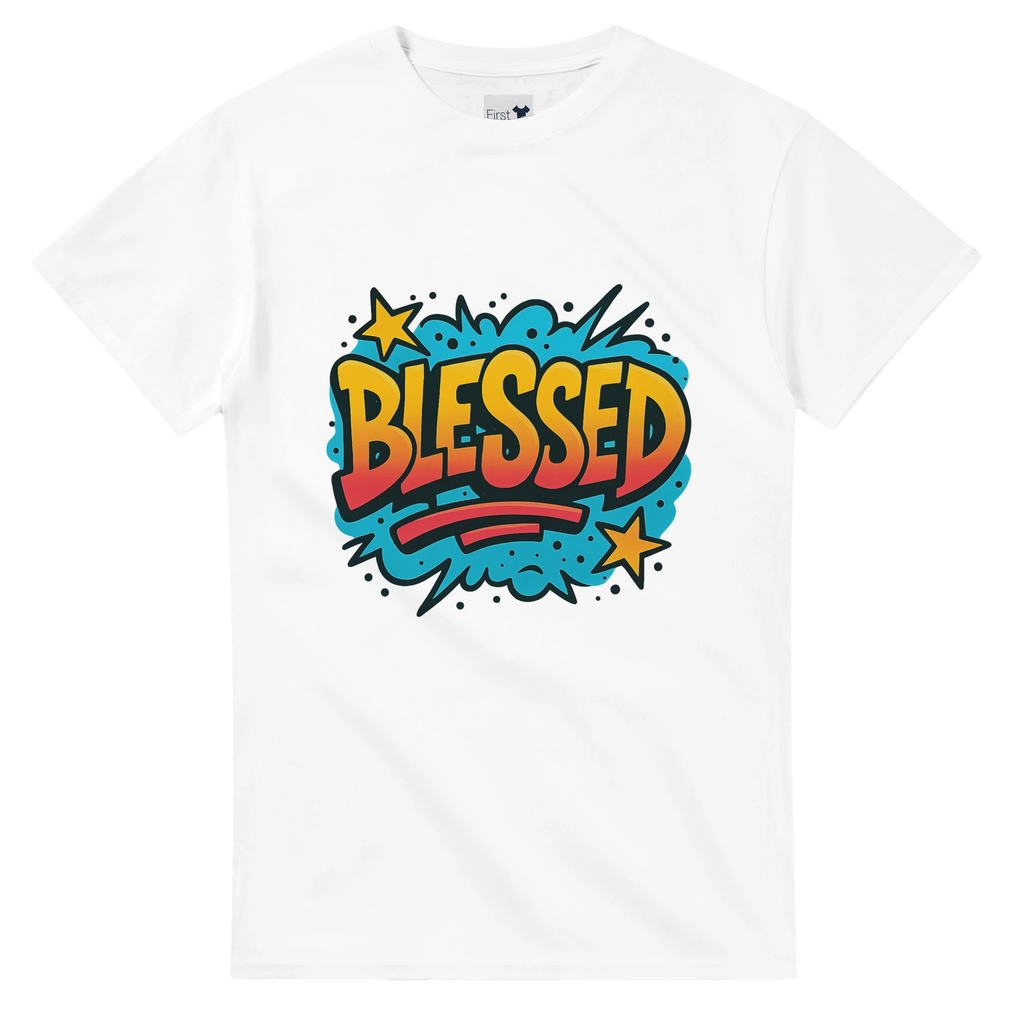White t-shirt with 'Blessed' graphic design on a white background