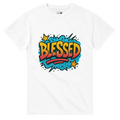 White t-shirt with 'Blessed' graphic design on a white background