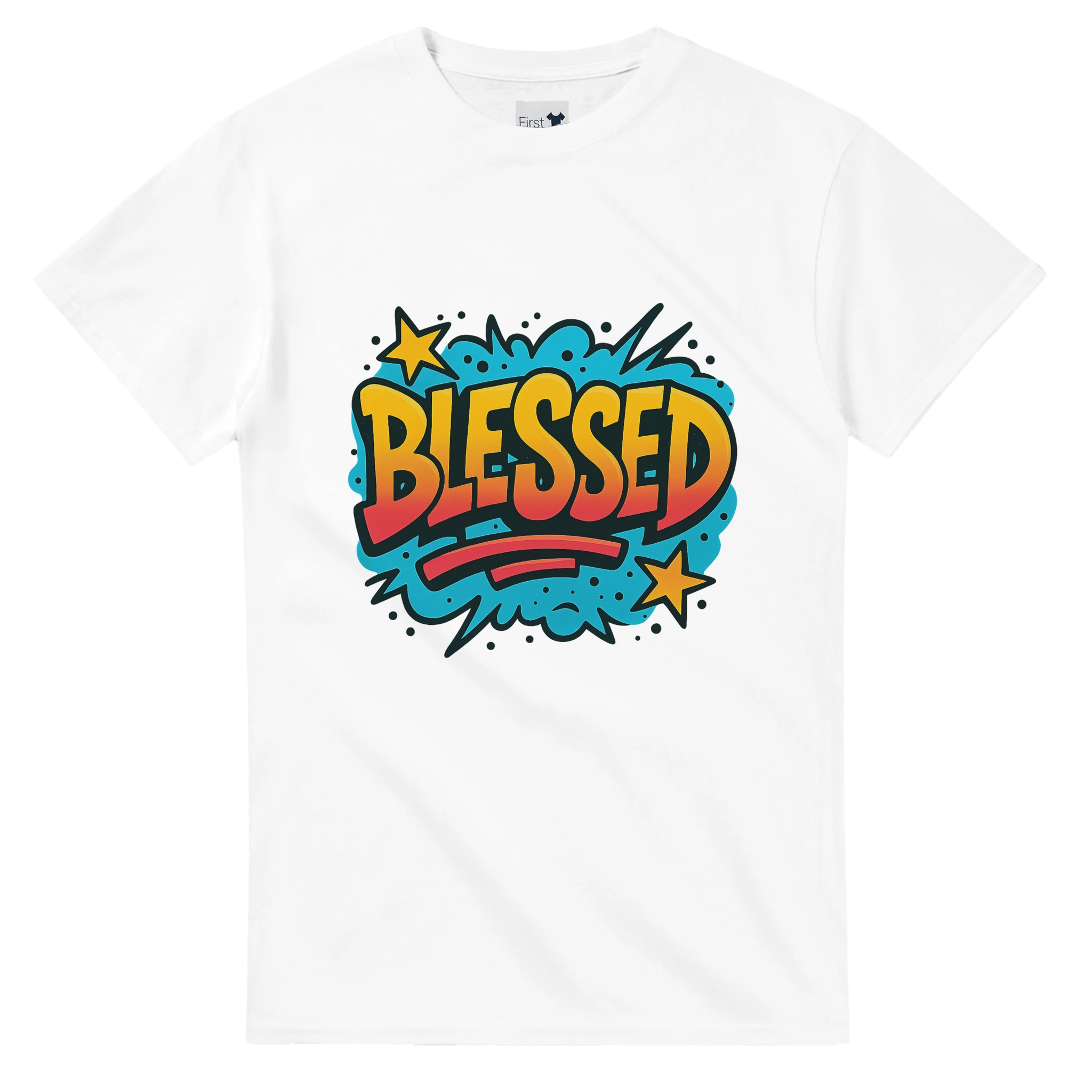 White t-shirt with 'Blessed' graphic design on a white background