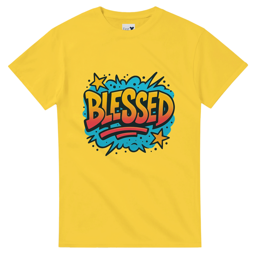 Yellow t-shirt with 'BLESSED' graphic design on a white background