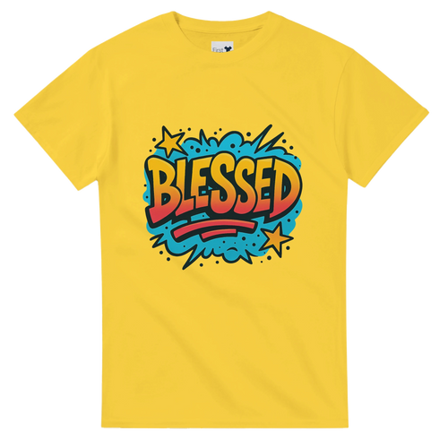 Yellow t-shirt with 'BLESSED' graphic design on a white background