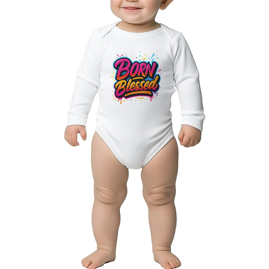 Baby wearing a white onesie with 'Born Blessed' text on a white background