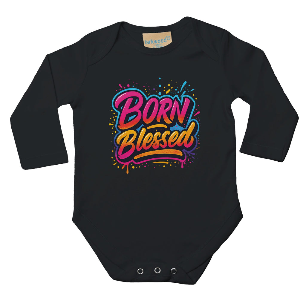 Black baby onesie with 'Born Blessed' text in colorful letters on a white background
