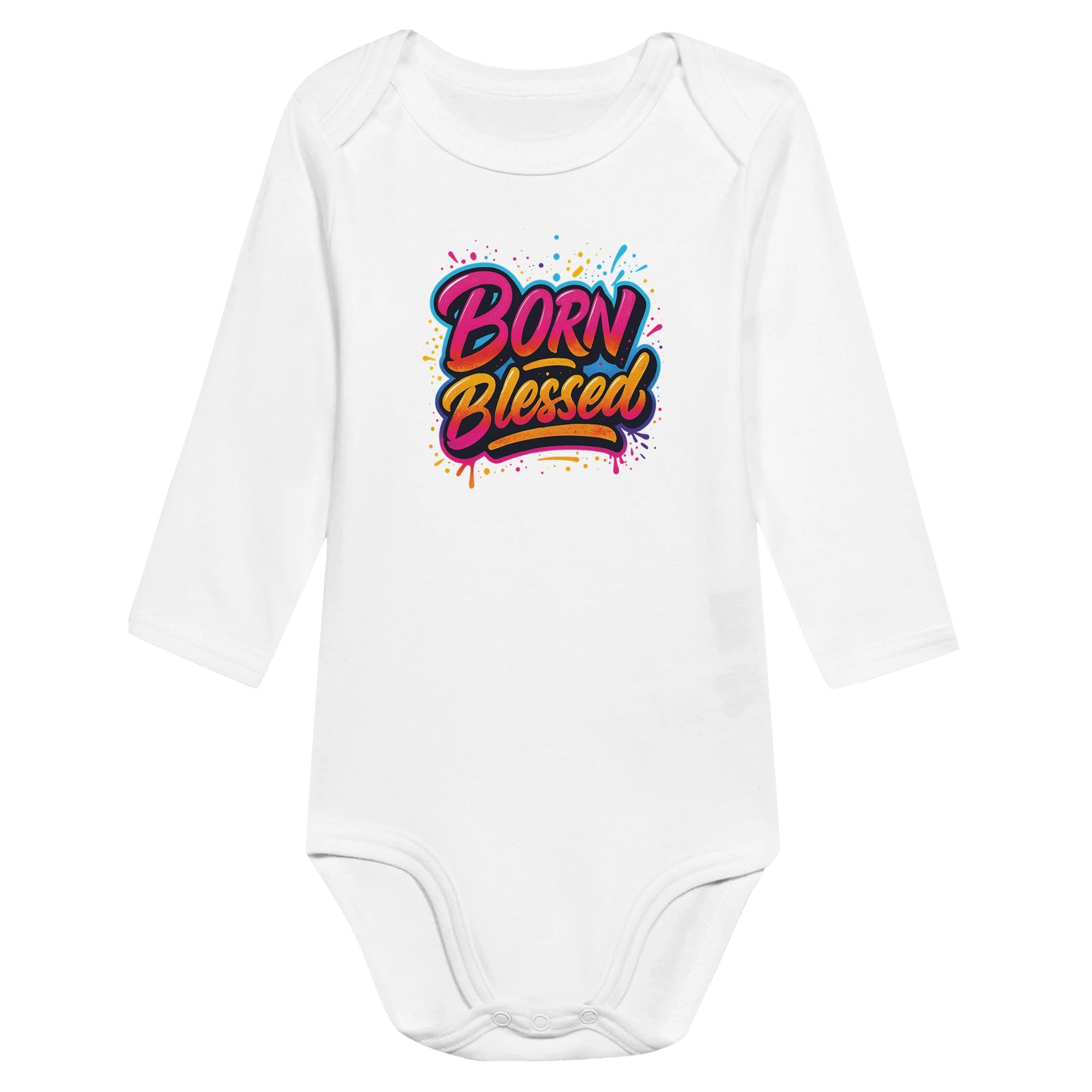 White baby onesie with 'Born Blessed' text on a white background