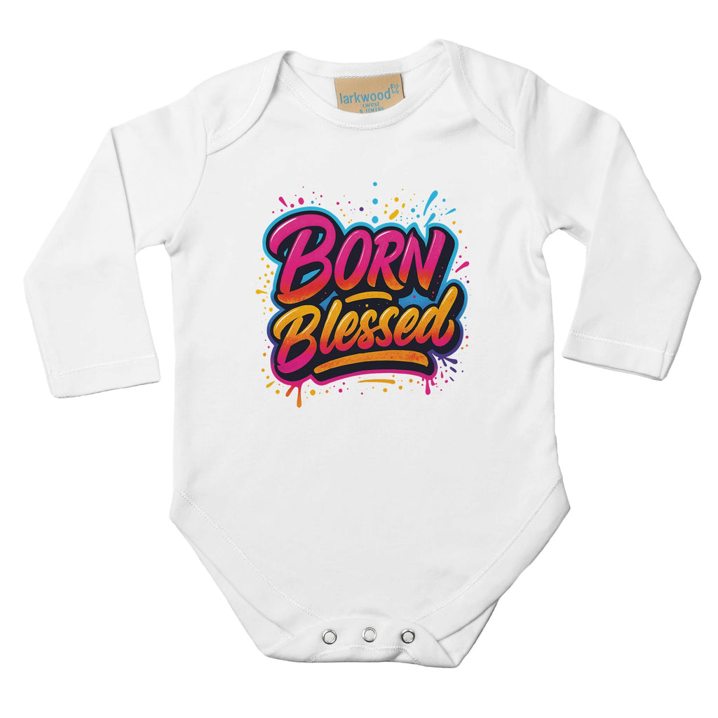 White baby onesie with 'Born Blessed' text on a white background
