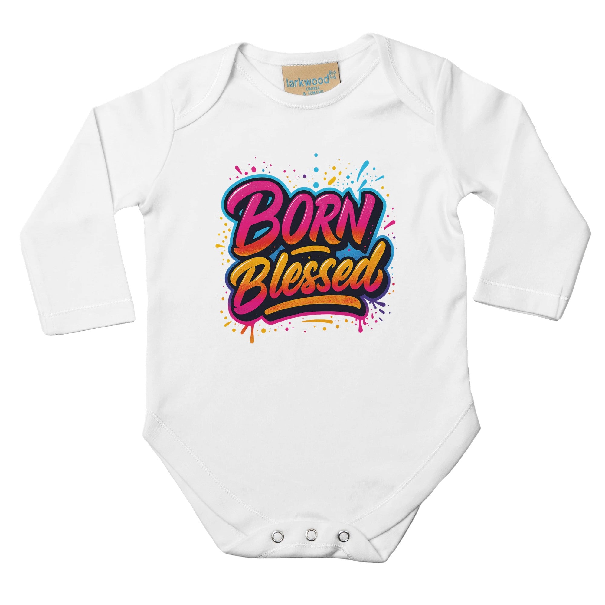 White baby onesie with 'Born Blessed' text on a white background