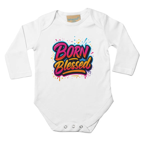 White baby onesie with 'Born Blessed' text on a white background