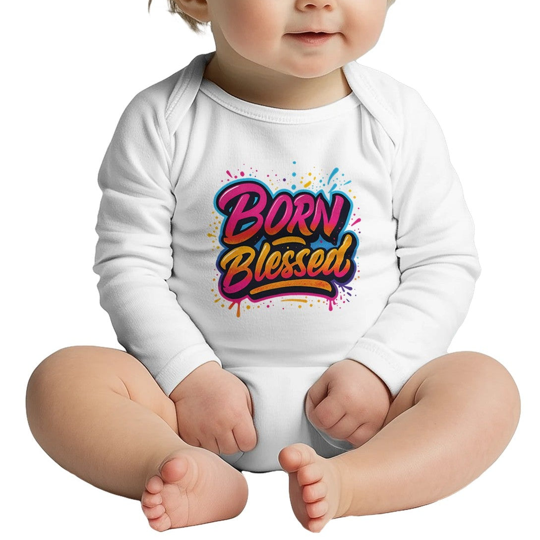 Baby wearing a white onesie with 'Born Blessed' text on a white background