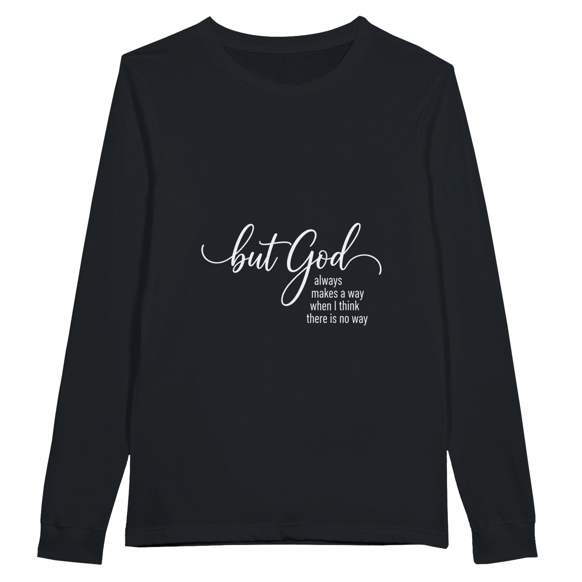Black long-sleeve shirt with white text on a white background