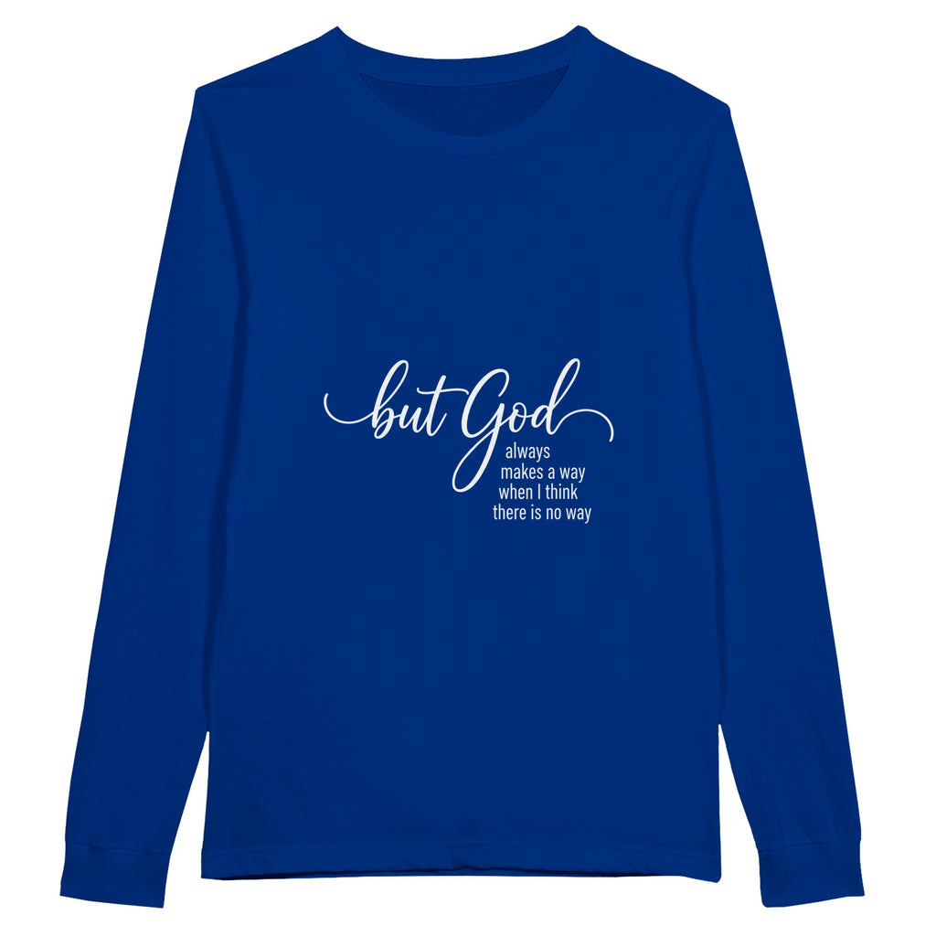Blue long-sleeve shirt with white text on a white background
