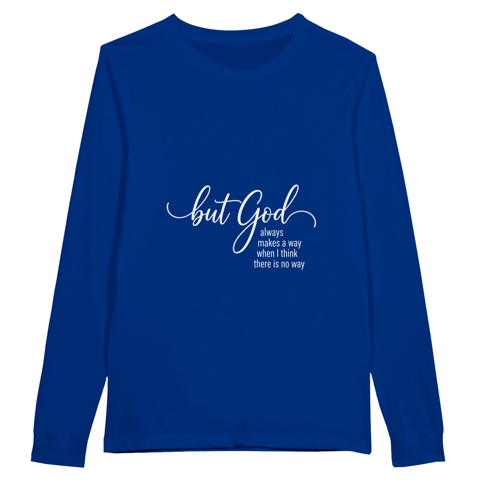 Blue long-sleeve shirt with white text on a white background