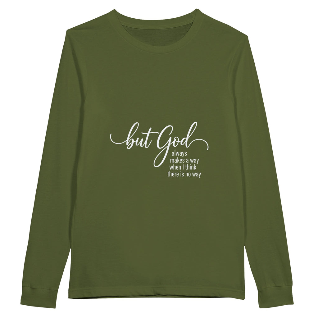 Green long-sleeve shirt with motivational quote on a white background