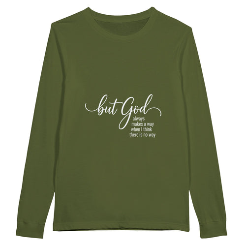 Green long-sleeve shirt with motivational quote on a white background