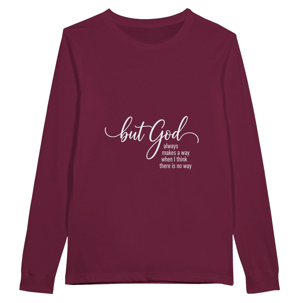 Maroon long-sleeve shirt with white text on a white background