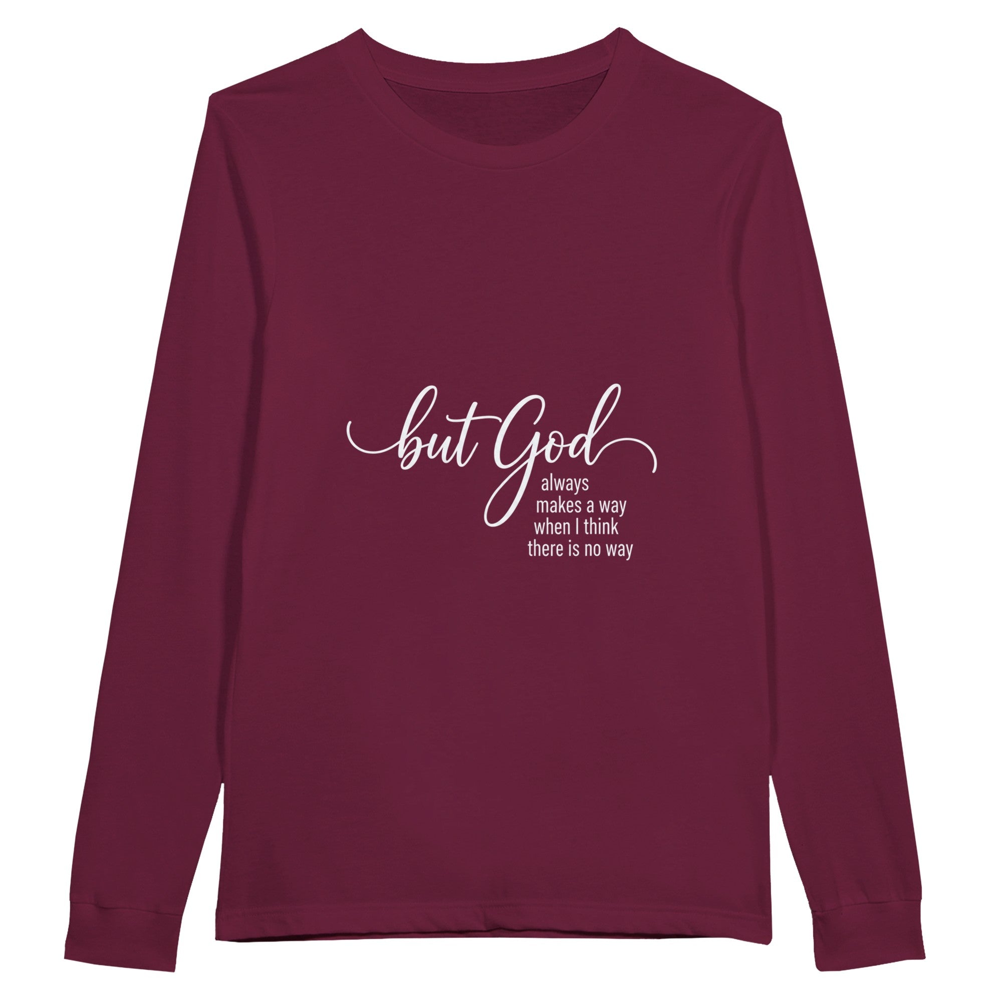 Maroon long-sleeve shirt with white text on a white background