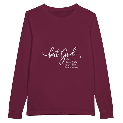 Maroon long-sleeve shirt with white text on a white background