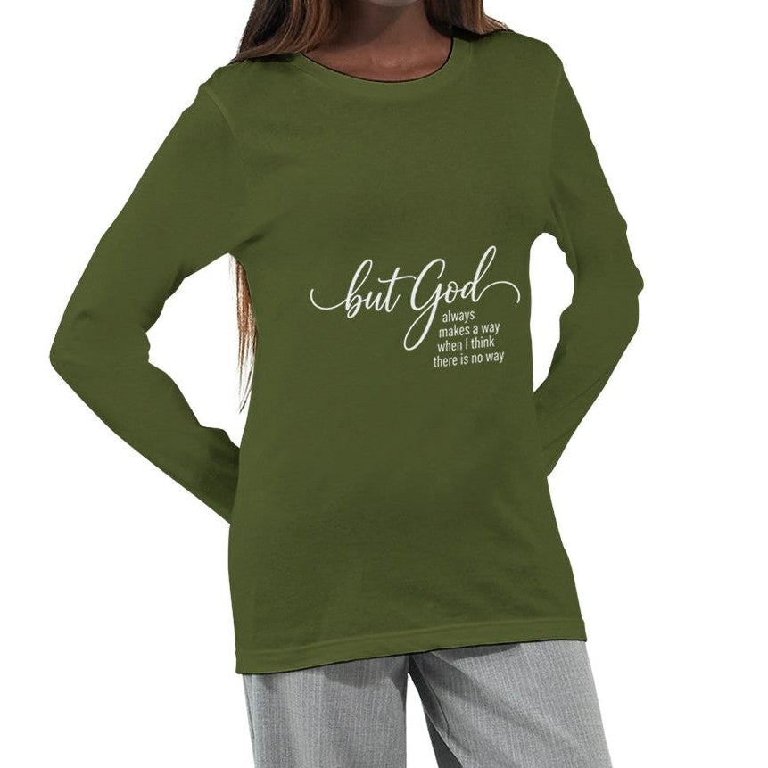 Green long-sleeve top and gray pants on a white background