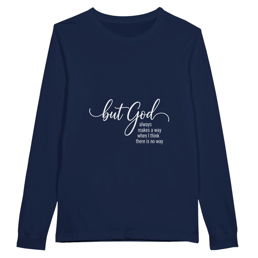 Navy blue long-sleeve shirt with white text on a white background