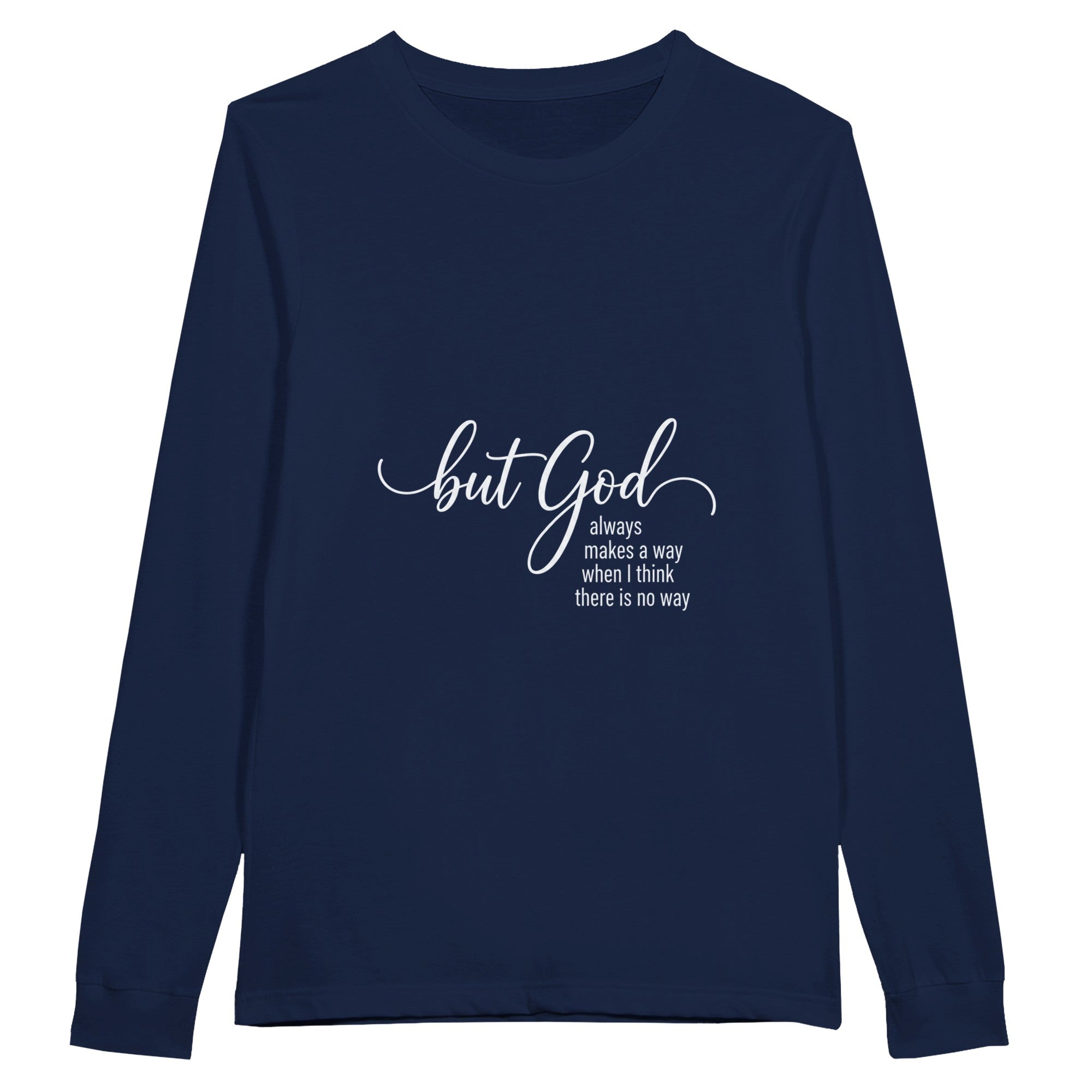 Navy blue long-sleeve shirt with white text on a white background