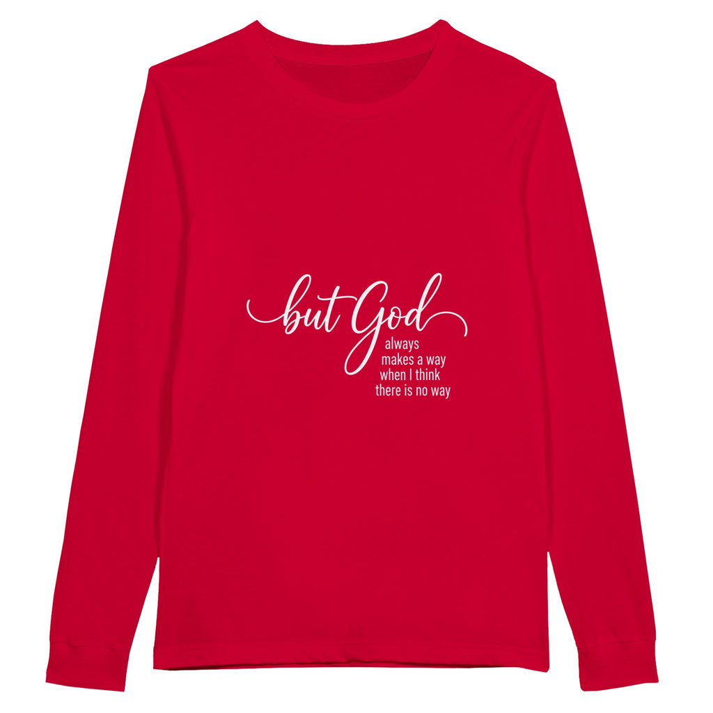 Red long-sleeve shirt with white text on a white background