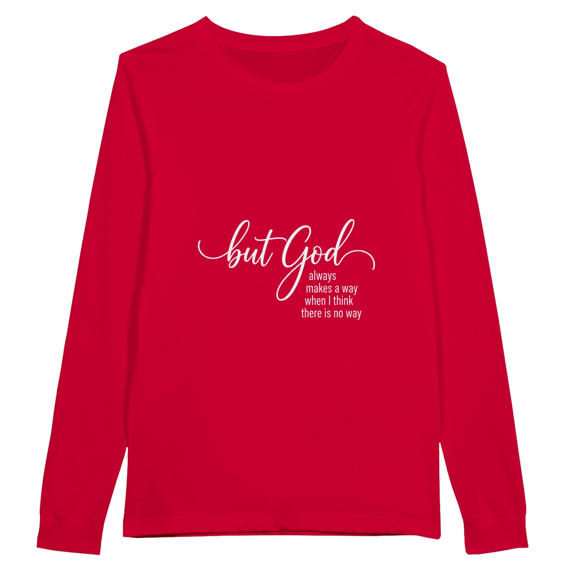 Red long-sleeve shirt with white text on a white background
