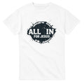 White t-shirt with 'All In For Jesus' text on a white background
