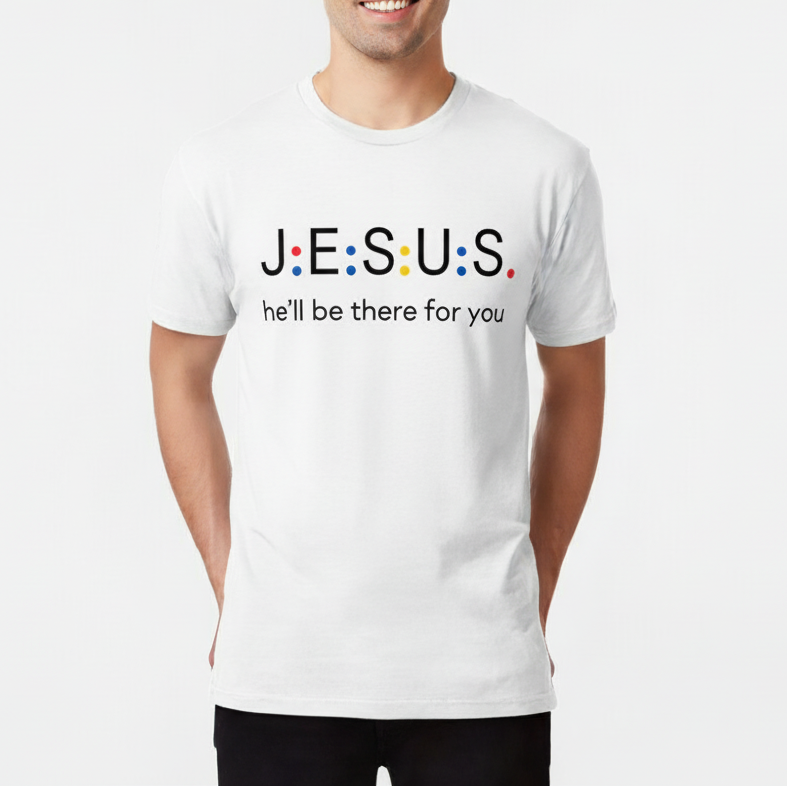 Man wearing a white t-shirt with a humorous 'Jesus' graphic and text on a white background