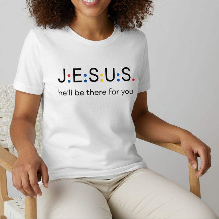 Person wearing a white t-shirt with 'JESUS: he'll be there for you' text, sitting on a chair against a plain background.
