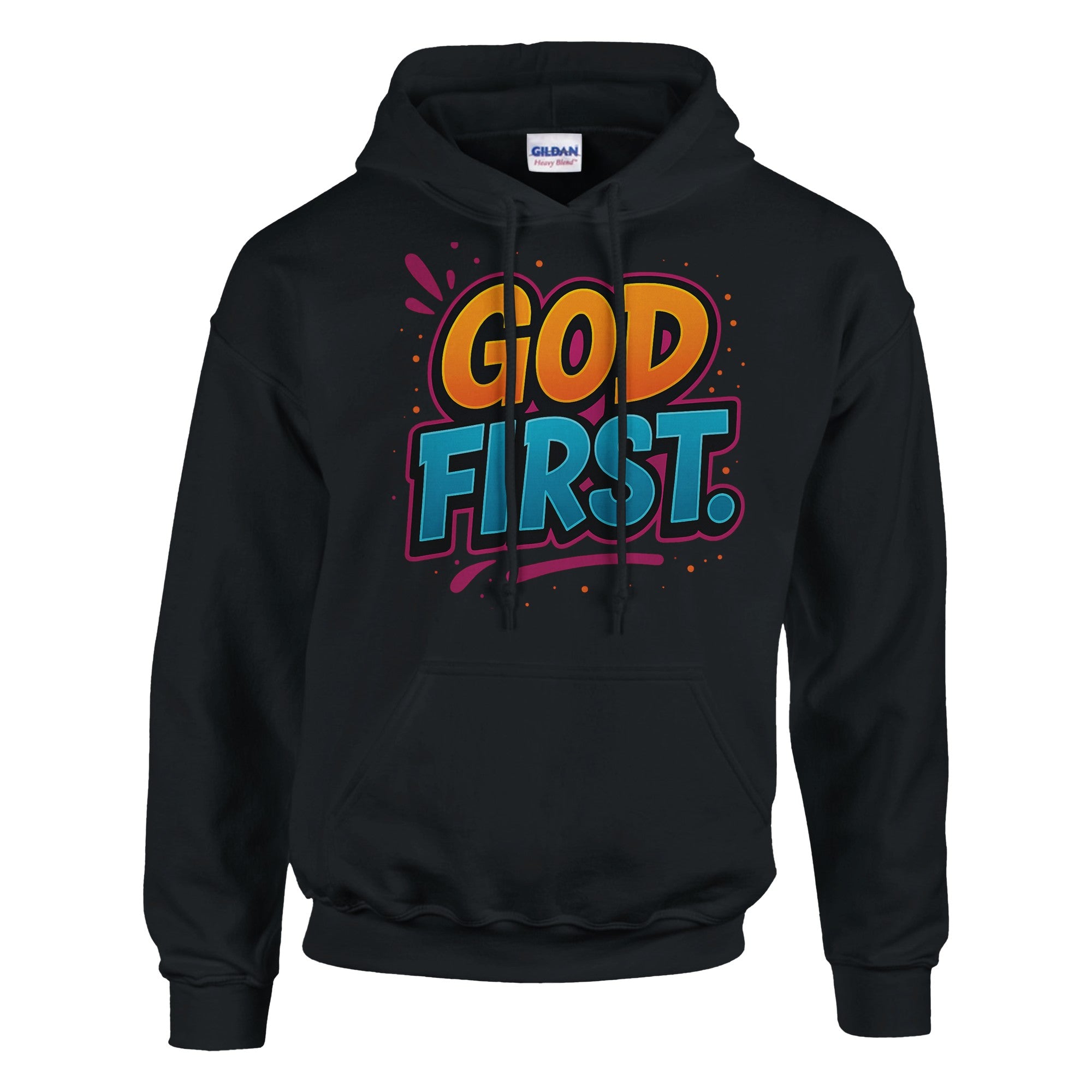 Black hoodie with 'GOD FIRST' text in colorful letters on a white background
