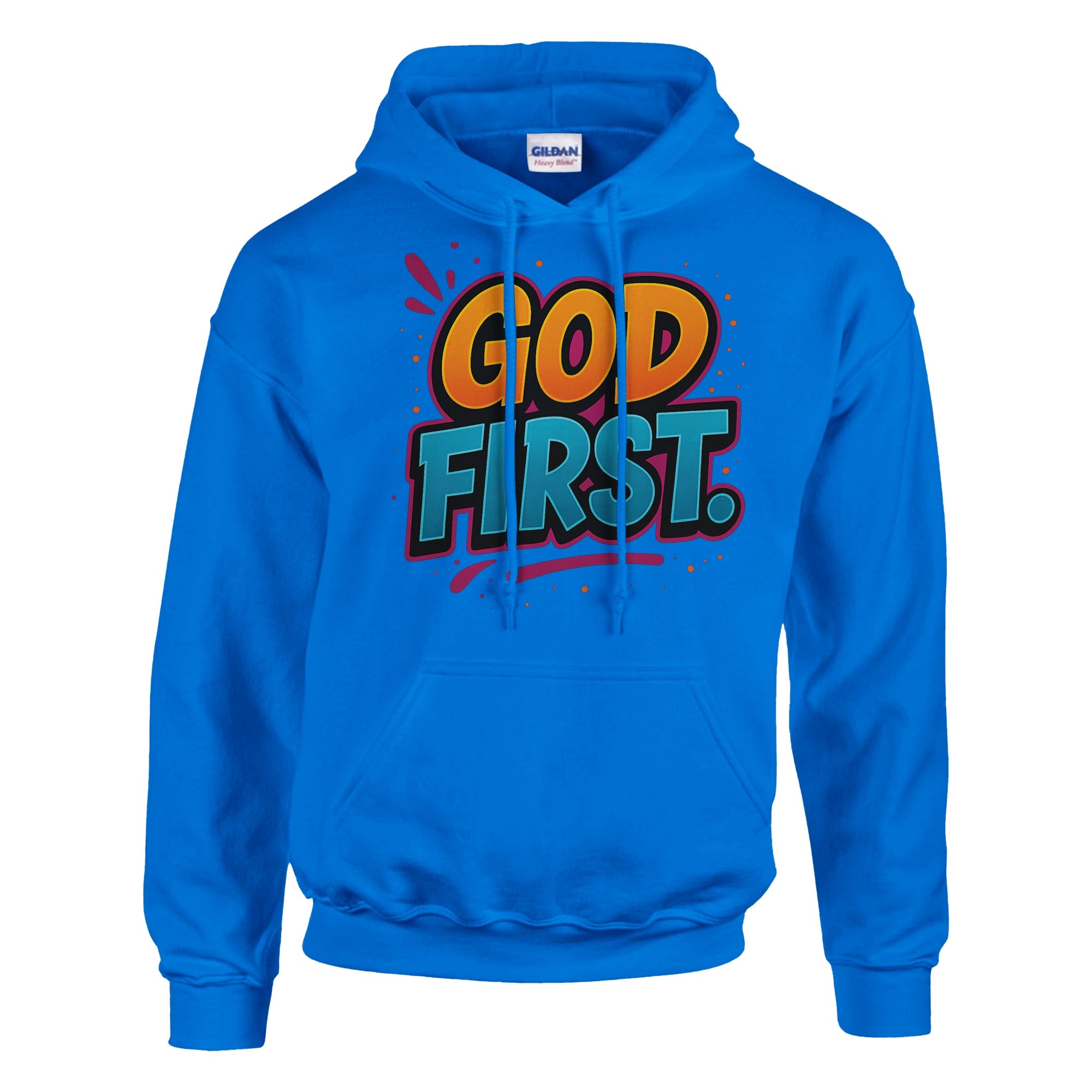 Blue hoodie with 'GOD FIRST' text on a white background