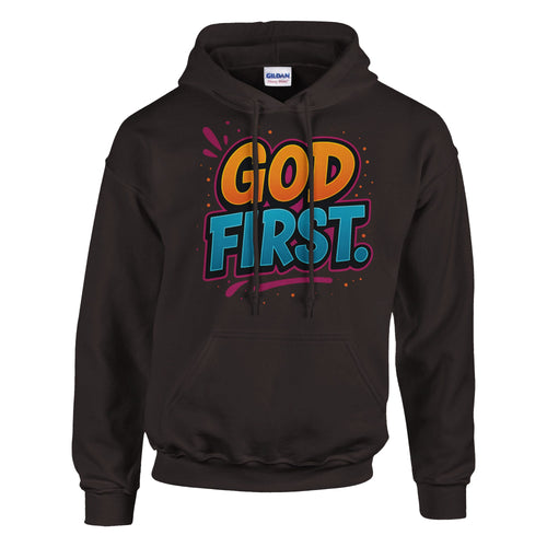 Brown hoodie with 'GOD FIRST' text in colorful letters on a white background