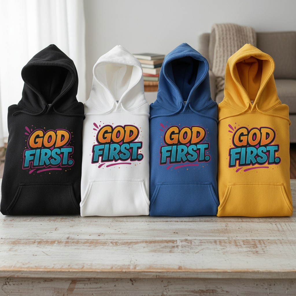 Four hoodies in black, white, blue, and yellow with 'GOD FIRST' text on a wooden surface.