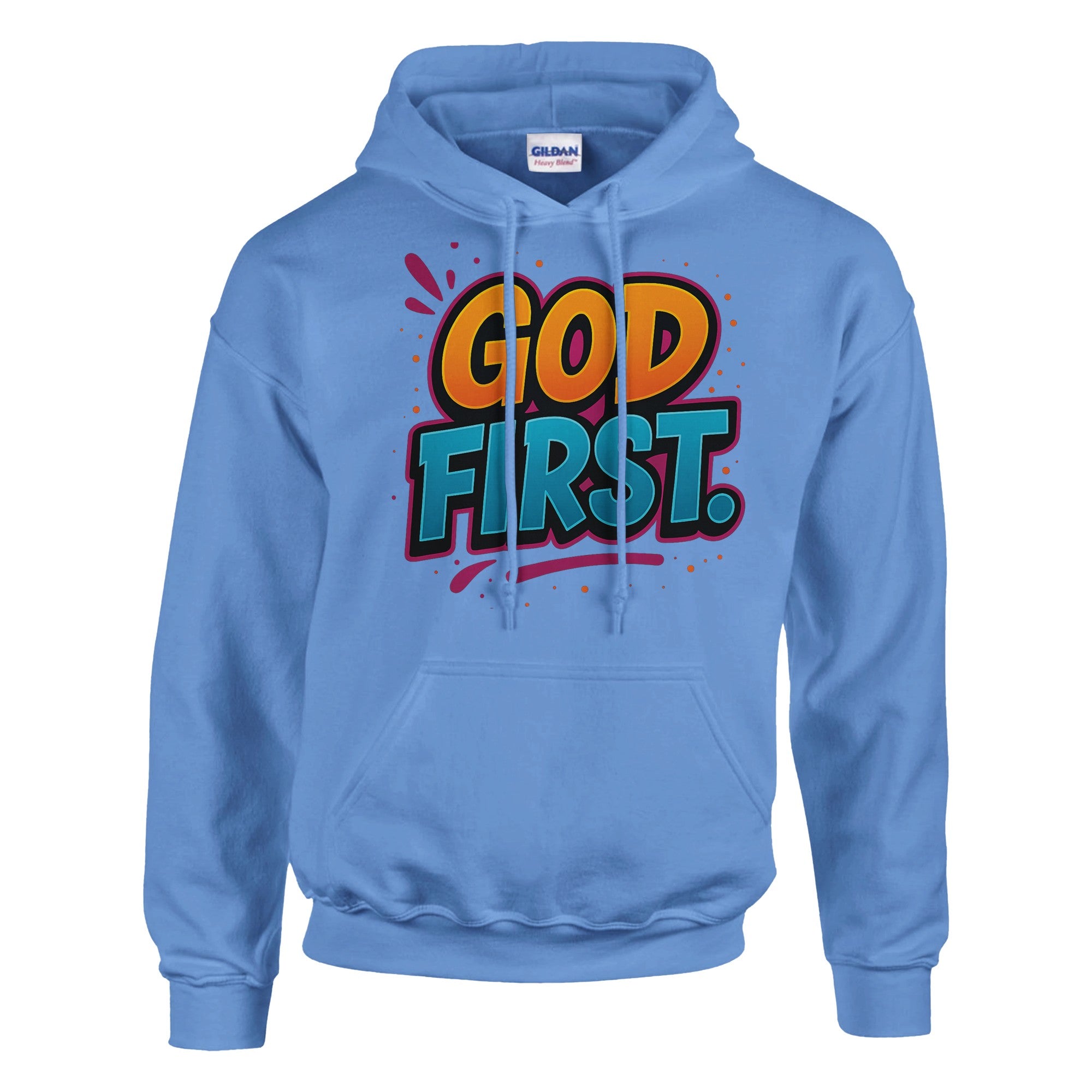 Light blue hoodie with 'GOD FIRST.' text on a white background