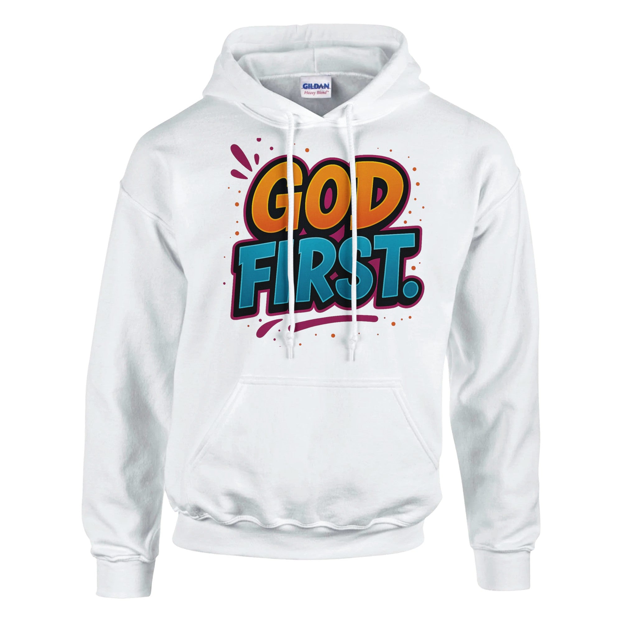 White hoodie with 'GOD FIRST' text on a white background