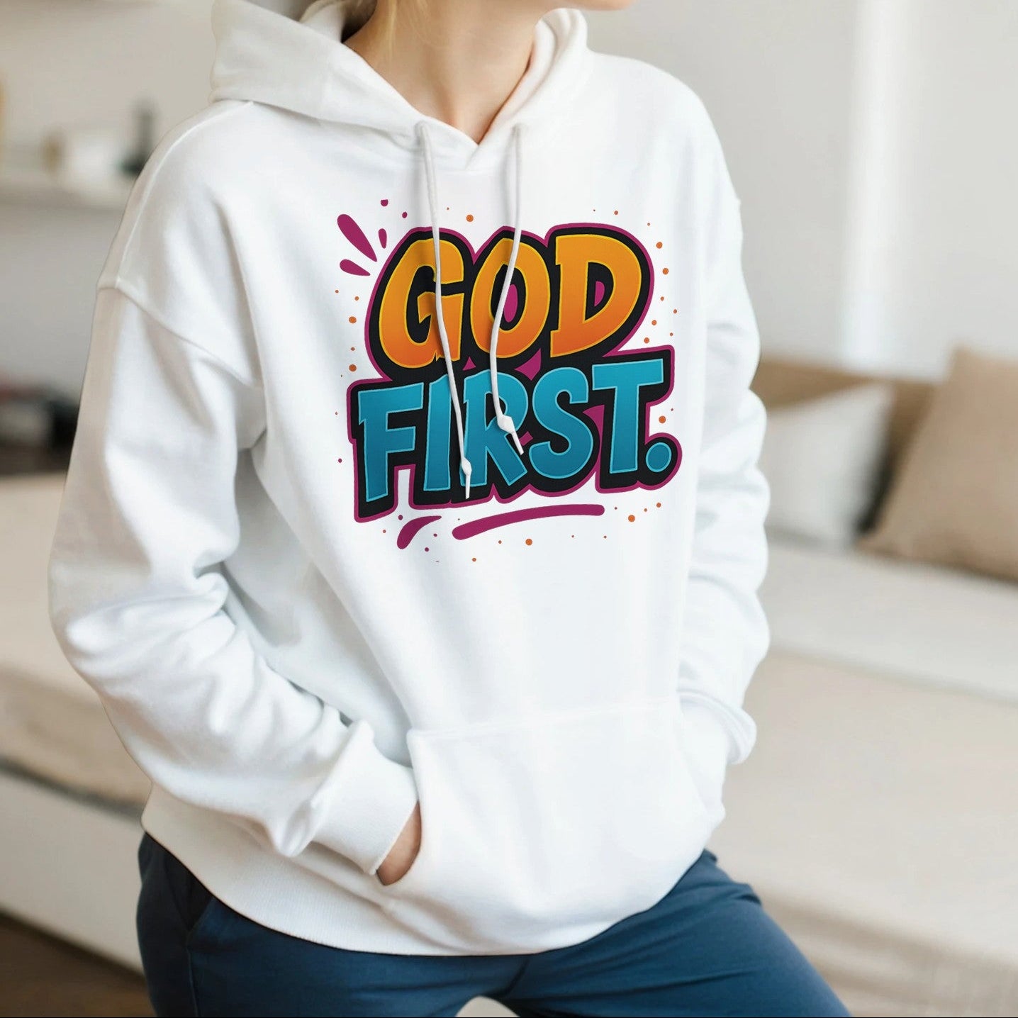 Person wearing a white hoodie with 'God First' text in colorful letters, sitting in a room.