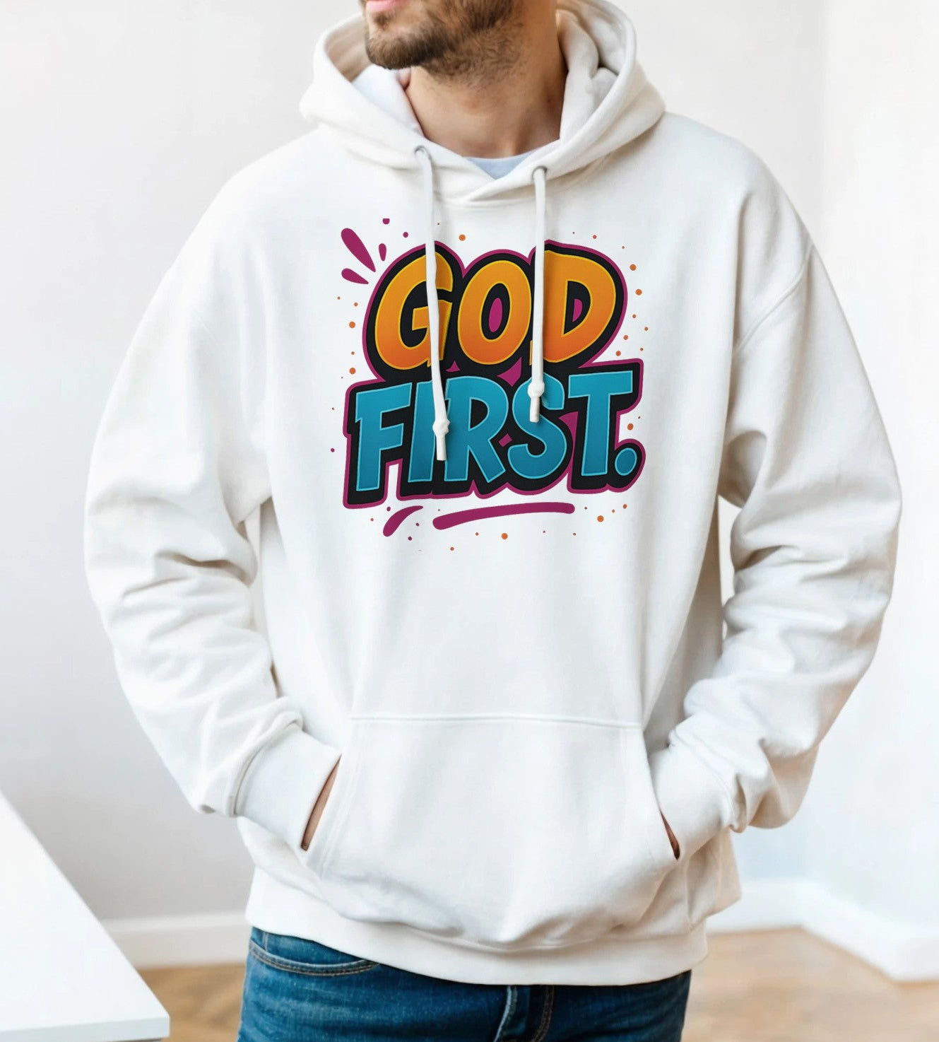 Man wearing a white hoodie with 'GOD FIRST' text in colorful letters.