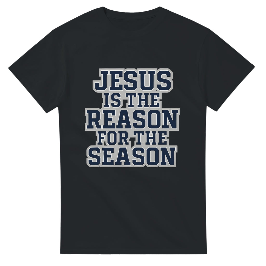Black t-shirt with 'Jesus is the Reason for the Season' text on a white background