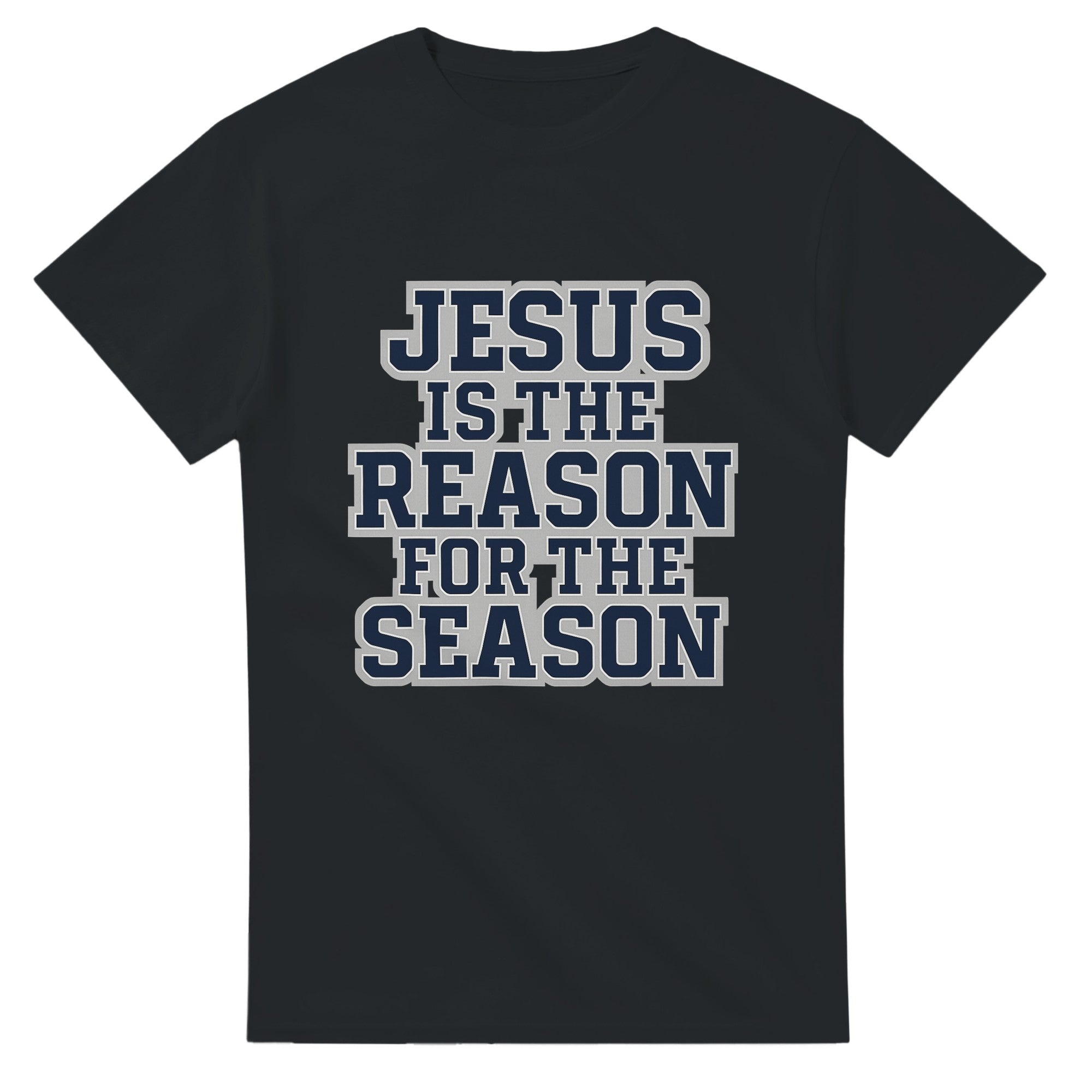 Black t-shirt with 'Jesus is the Reason for the Season' text on a white background