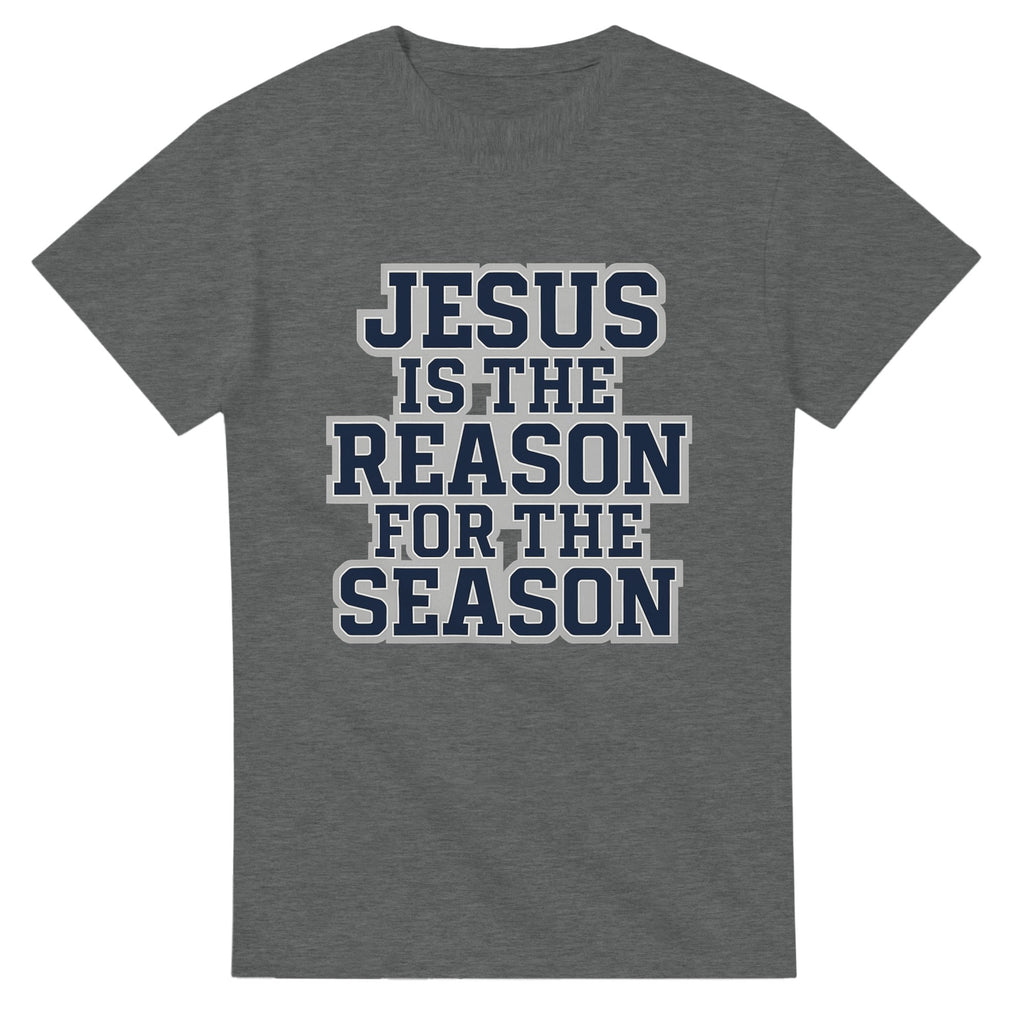 Gray t-shirt with 'Jesus is the Reason for the Season' text on a white background